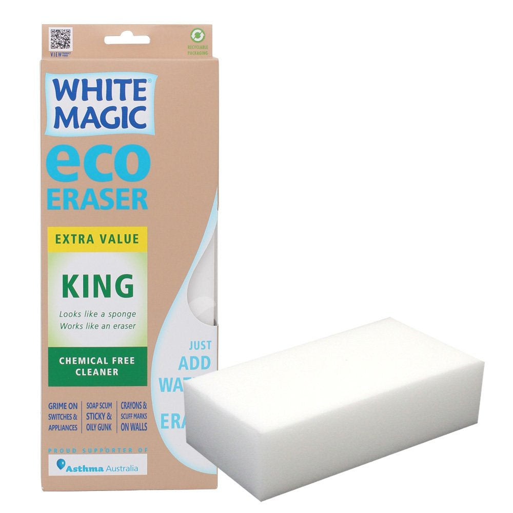 White Magic Eco Eraser sponge, king size, shown beside its retail box