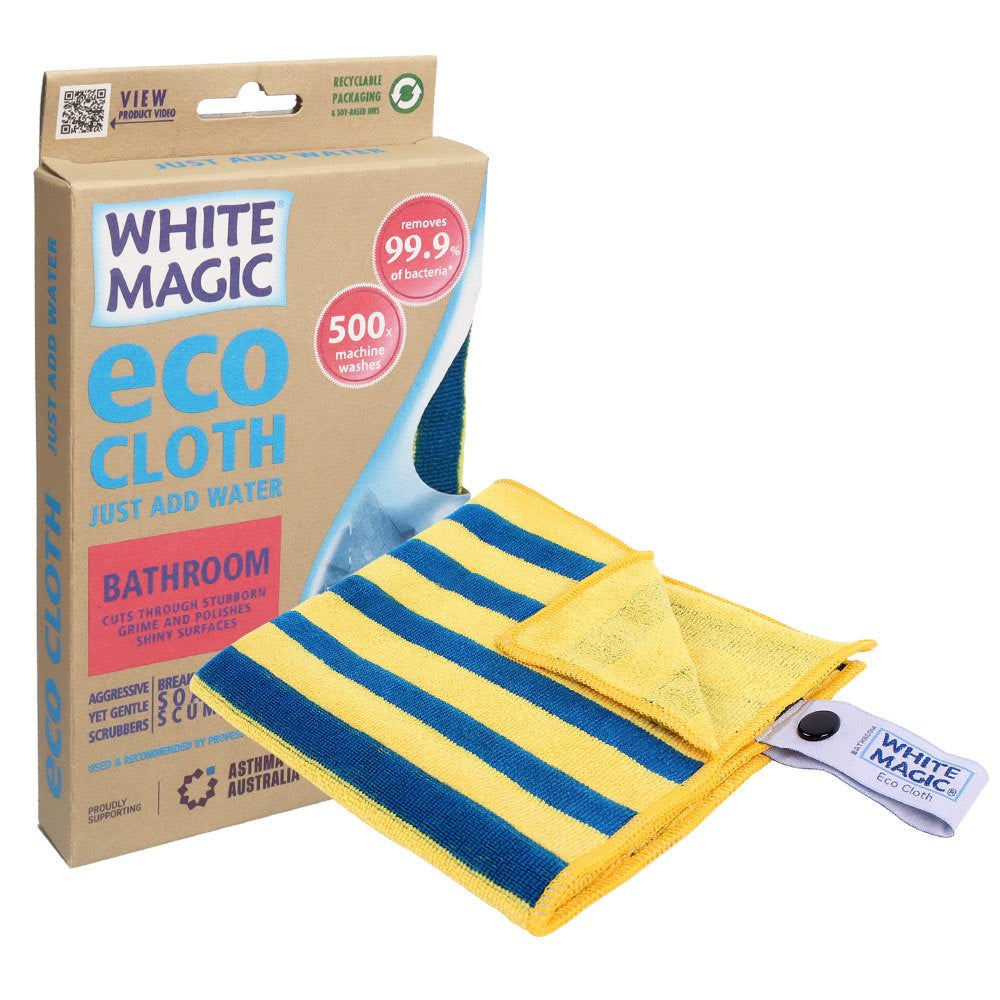 White Magic Eco Cloth Bathroom pack with a blue and yellow striped cloth and its box