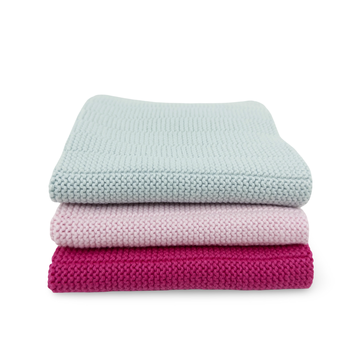 Stack of three folded blankets in light blue, pink, and magenta on a white background