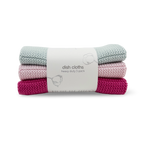 A three-pack of knitted dish cloths in sage green, light pink, and magenta, wrapped together with a white paper label that reads 'dish cloths heavy duty 3 pack'.