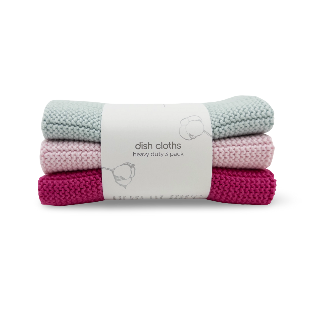 A three-pack of knitted dish cloths in sage green, light pink, and magenta, wrapped together with a white paper label that reads 'dish cloths heavy duty 3 pack'.