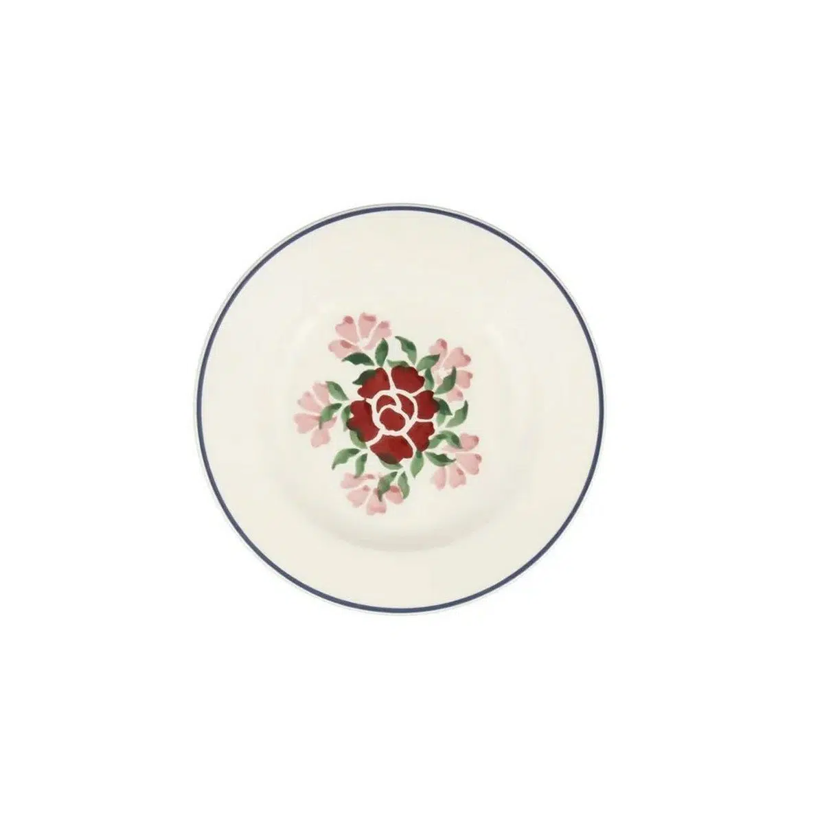 Emma Bridgewater 6 1/2 inch plate with an Antique Roses design of red and pink roses and a navy rim line