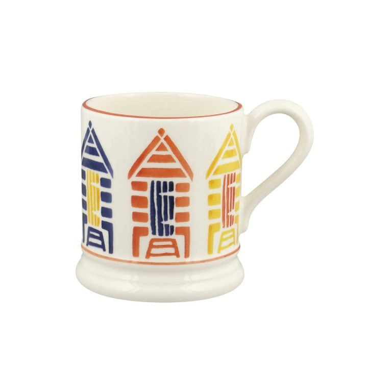 Emma Bridgewater Beach Huts half pint mug with painted red, orange and blue beach huts