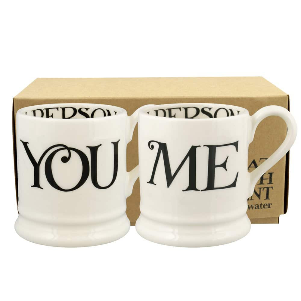 Emma Bridgewater Black Toast You & Me half pint mug set of two, one saying YOU and one saying ME, in a kraft box