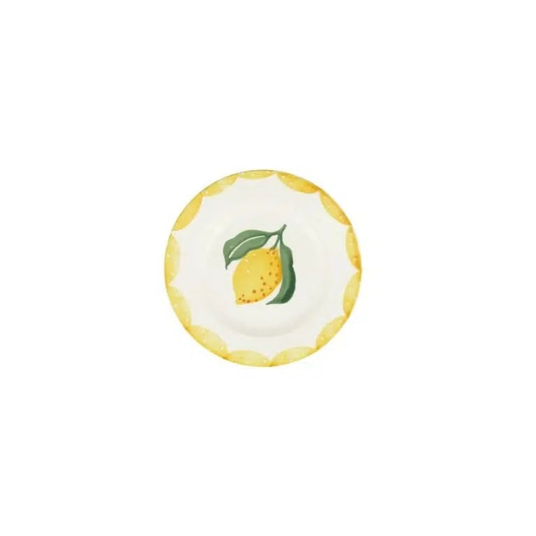 Emma Bridgewater 6 1/2 inch plate with a lemon in the centre and a yellow scalloped border
