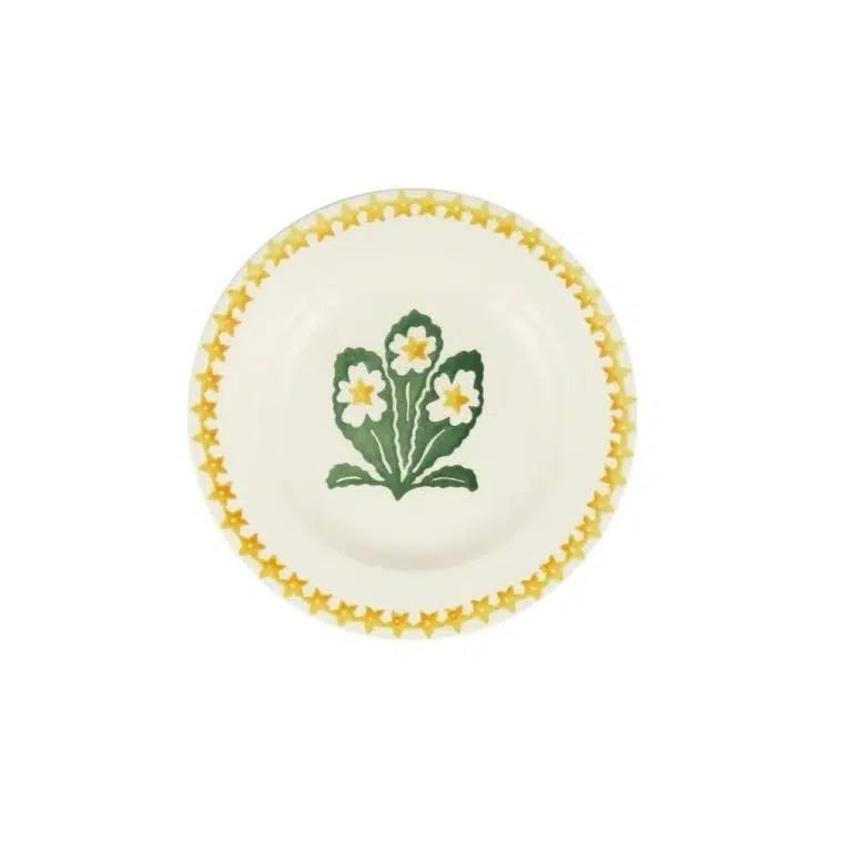 Emma Bridgewater Primrose 6 1/2 inch plate with a green primrose in the centre and a yellow star border