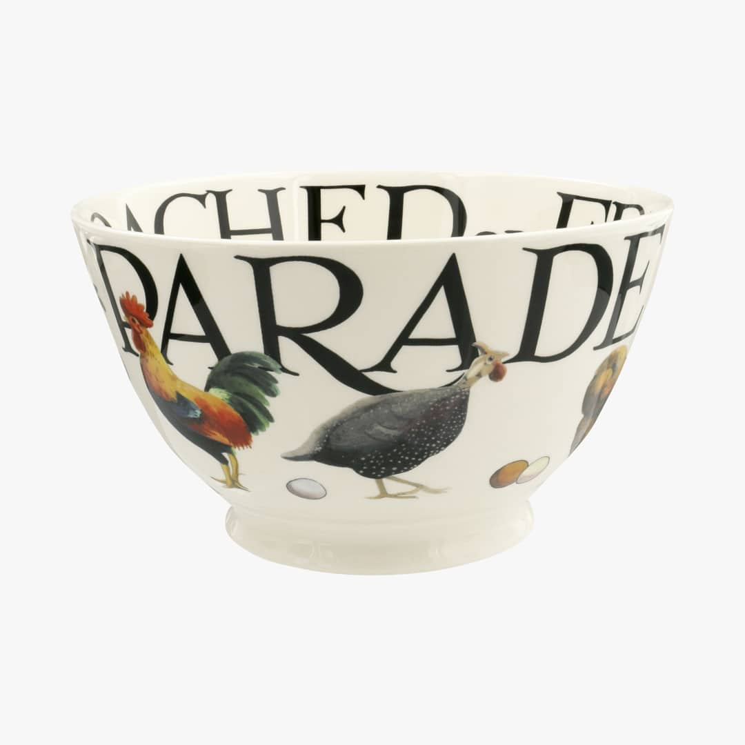 Emma Bridgewater Rise & Shine Poultry on Parade medium old bowl with a rooster and guinea fowl and PARADE lettering