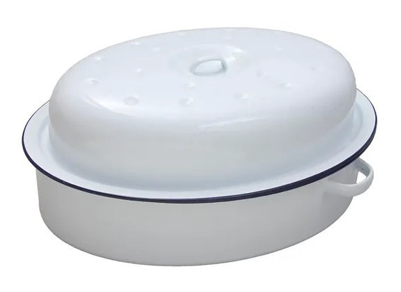 Falcon Enamelware oval roaster in white with a domed lid and side handles