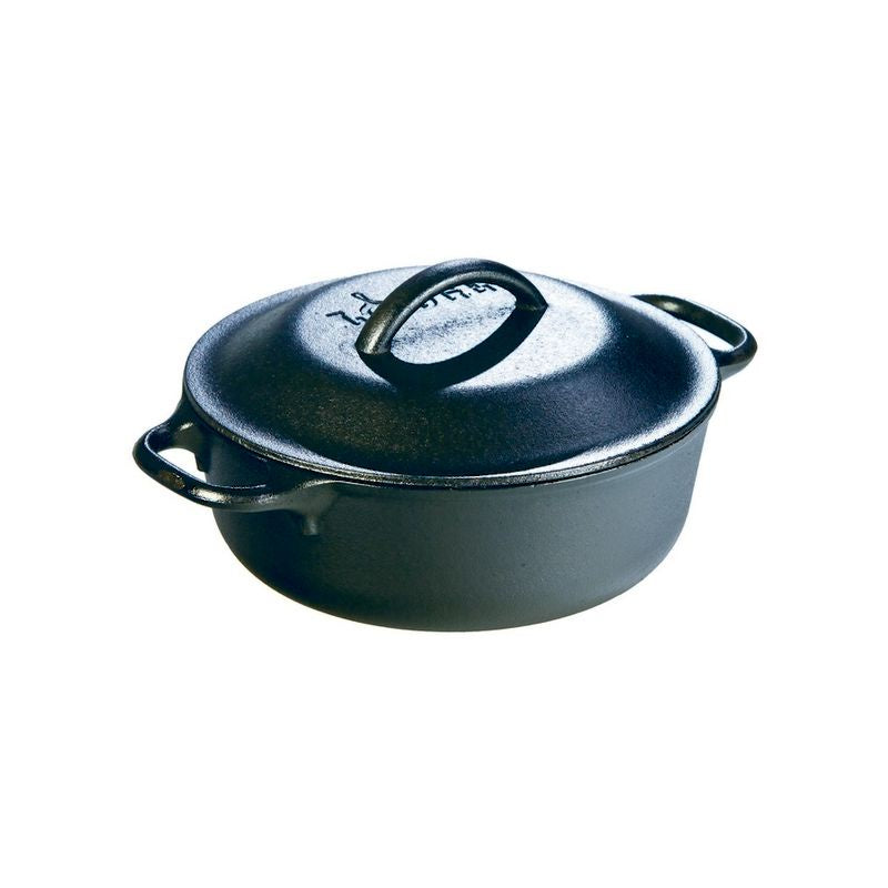 Lodge 1.9 litre lidded cast iron pot, 20cm, in black with a loop handle and two side handles