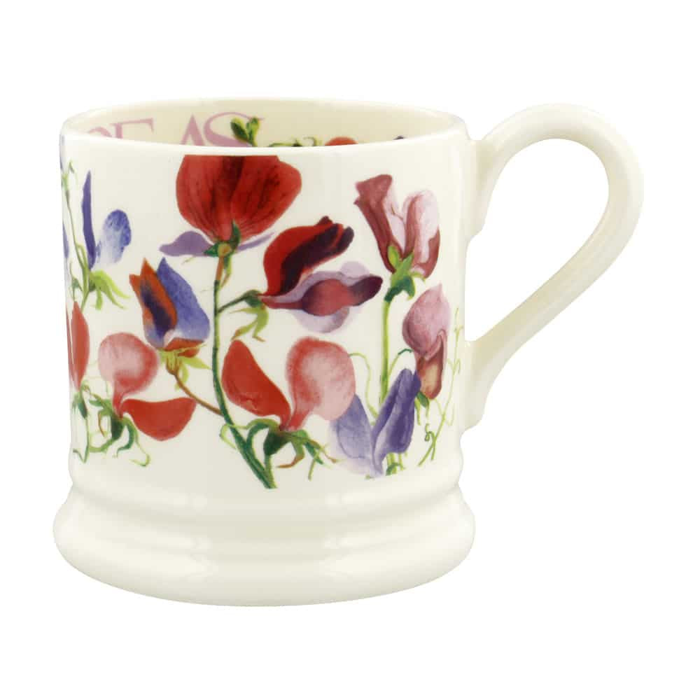 Emma Bridgewater half pint mug with a Sweet Pea design of red, pink and purple flowers