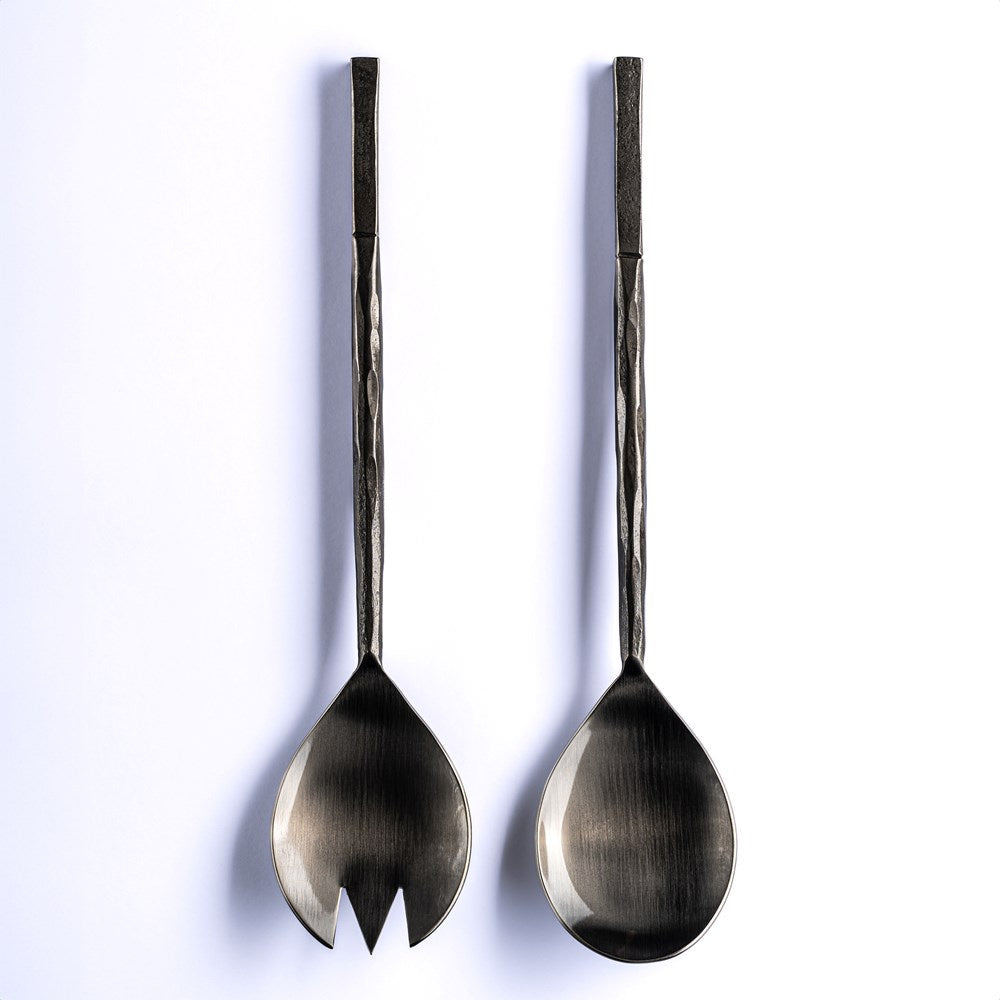 Salisbury Forge salad servers, a spoon and fork with dark forged handles