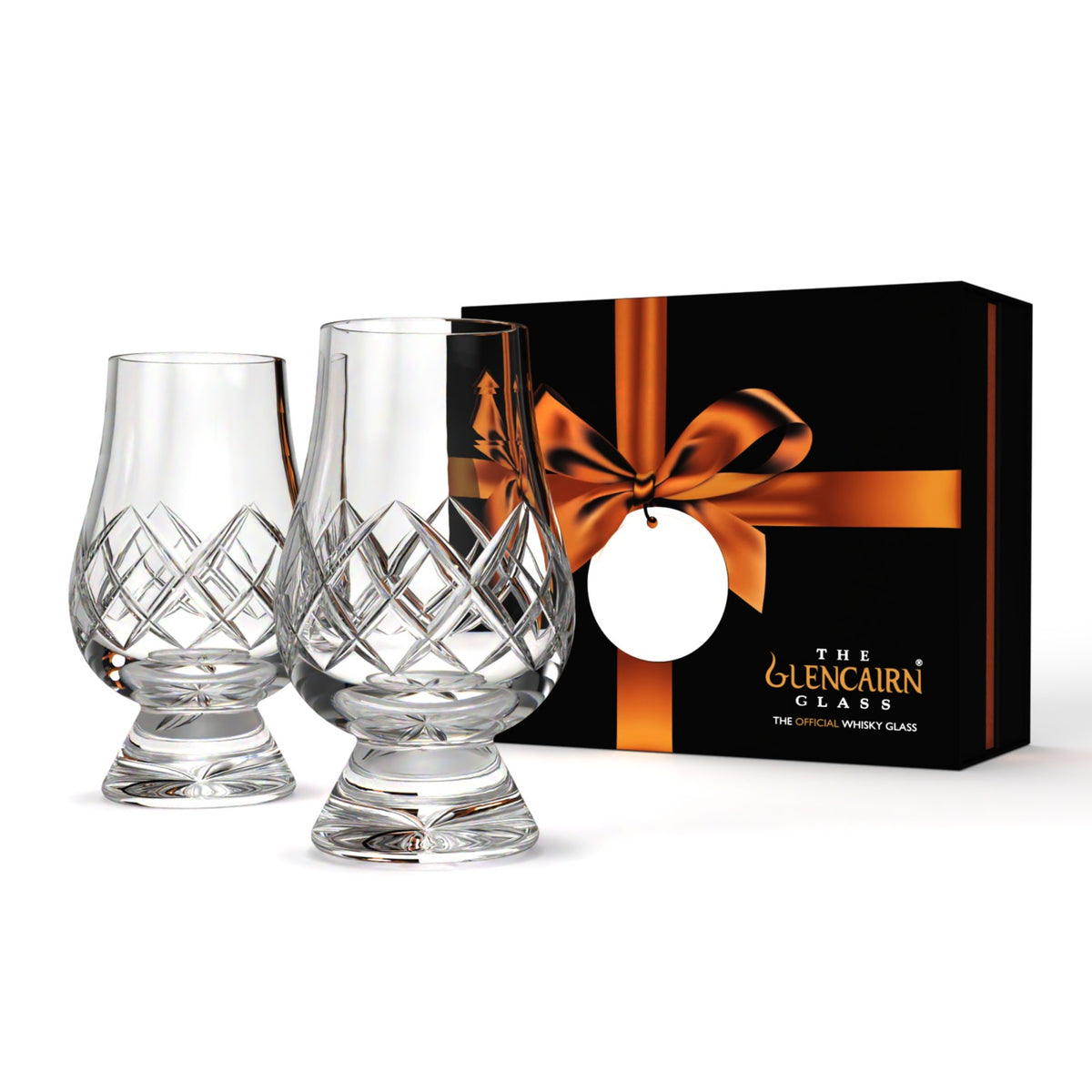 Glencairn cut crystal glass gift set of two, shown in its box with an orange ribbon