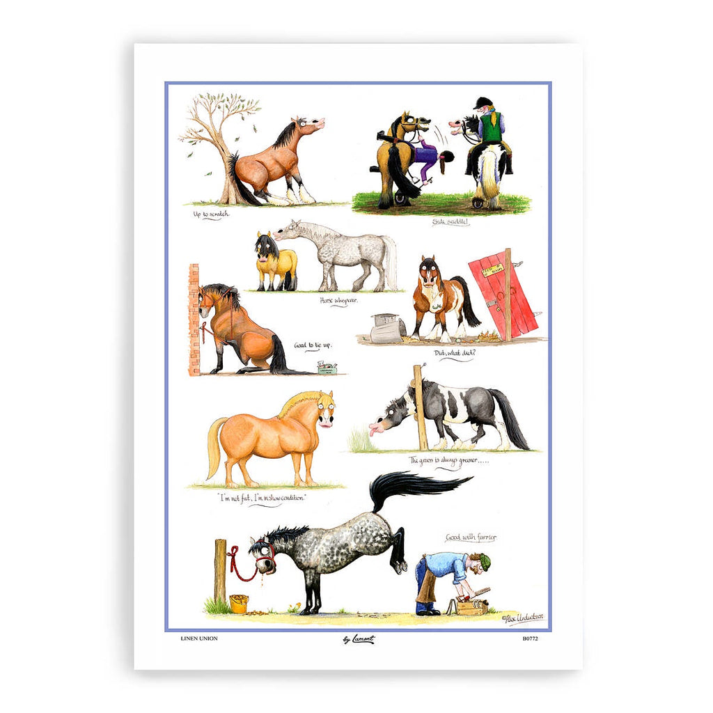 Samuel Lamont The Grass Is Always Greener tea towel with illustrated horse and rider comic panels