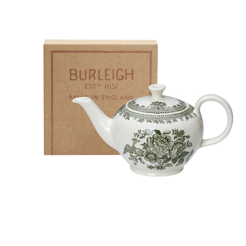 Burleigh Green Asiatic Pheasants small teapot with a green and white transferware pattern, shown with its box