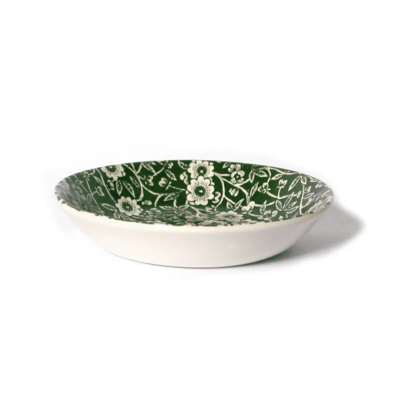 Burleigh Dark Green Calico butter pat in green and white floral pattern