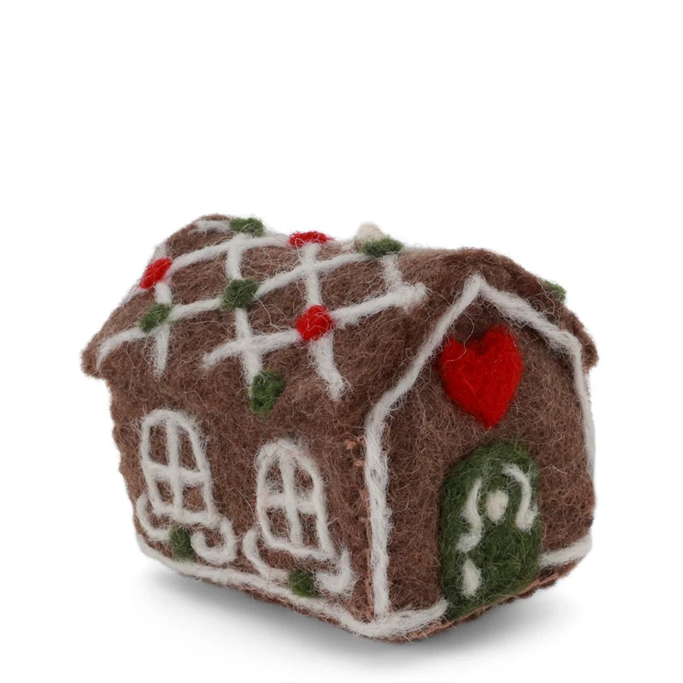 Gry & Sif big gingerbread house felt decoration with heart windows and berry trim