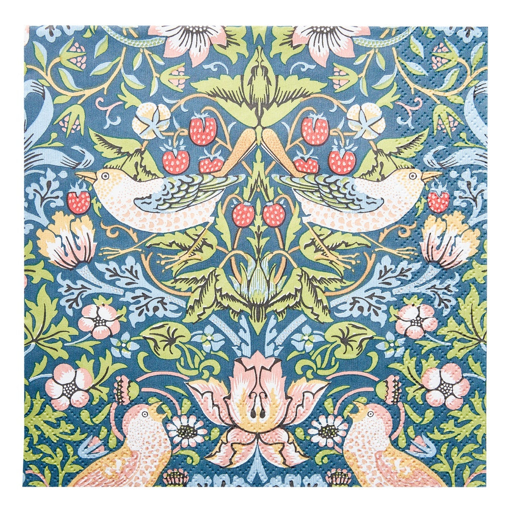 Havi cocktail napkin with a William Morris Strawberry Thief pattern of birds and strawberries in blue