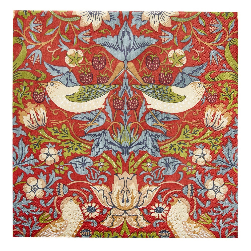 Havi cocktail napkin with William Morris Strawberry Thief pattern of birds and strawberries on red
