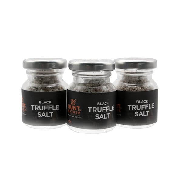 Hunt & Gather Specialty Salts Black Truffle, a set of three small glass jars with black labels
