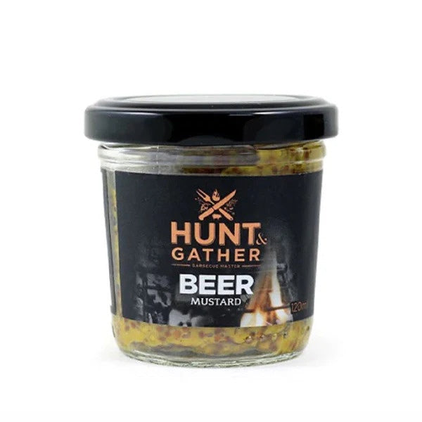 Hunt & Gather Beer mustard in a small glass jar with a black lid and label