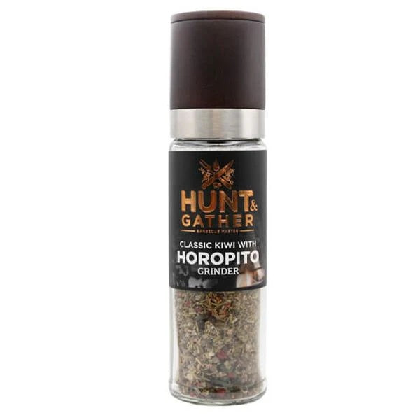 Hunt & Gather Classic Kiwi with Horopito medium grinder, a glass jar of seasoning with a wooden top