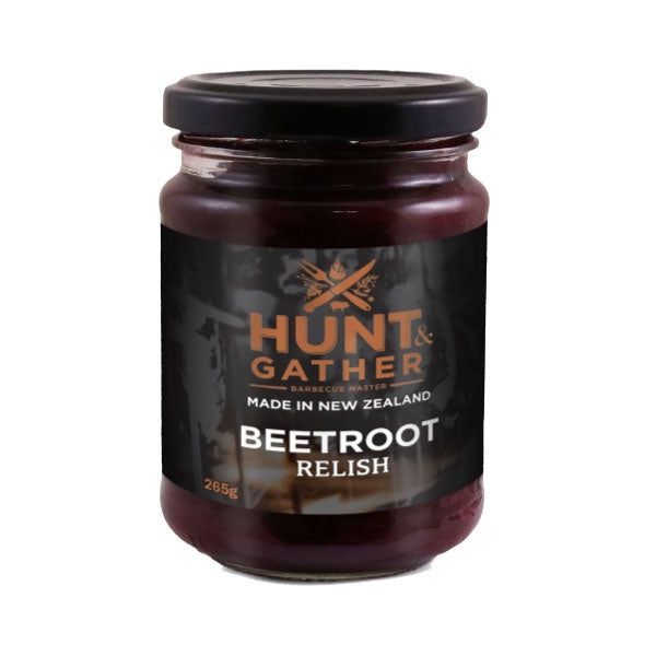 Hunt & Gather beetroot relish, 265g, in a glass jar with a dark purple relish