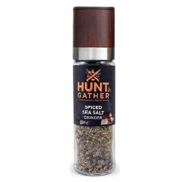 Hunt & Gather Spiced Sea Salt medium grinder, a glass jar of seasoned salt with a wooden grinder top