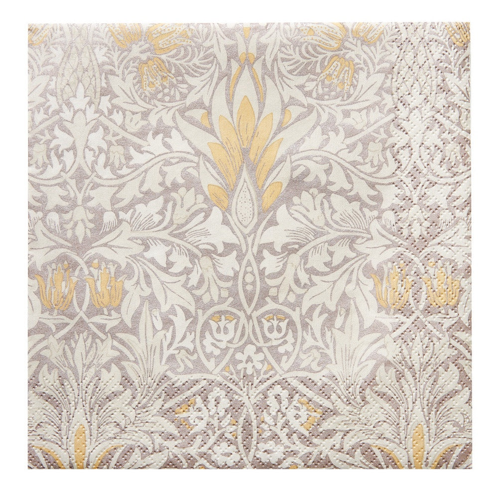Havi cocktail napkin with a William Morris Snakeshead pattern in platinum and gold on cream