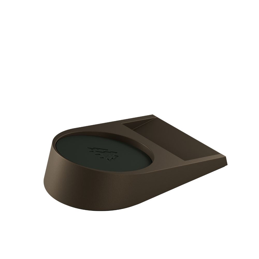 HORL dock, a dark brown angled base for holding the sharpener