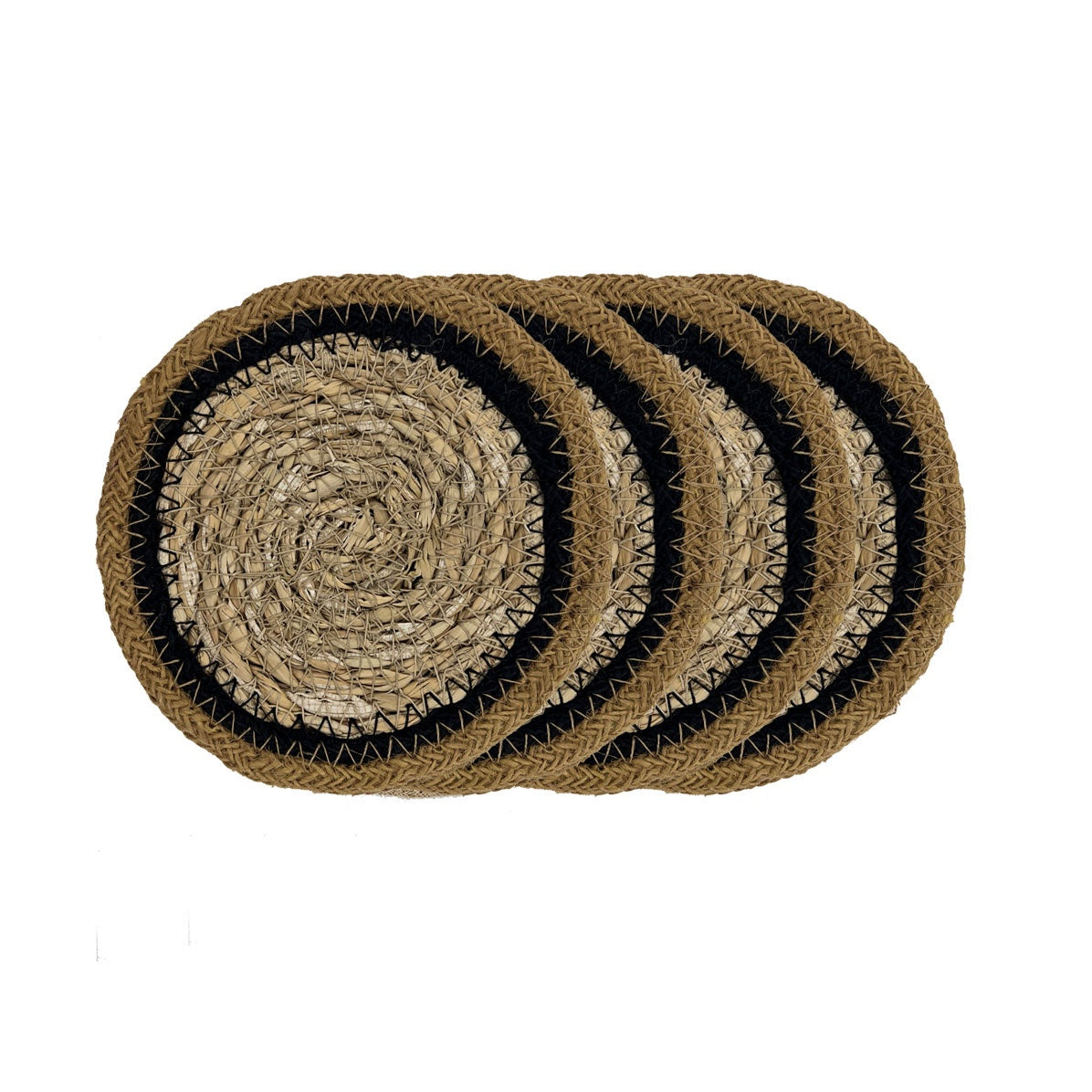 Linens & More seagrass and jute round coaster set in black and cumin, a stack of four