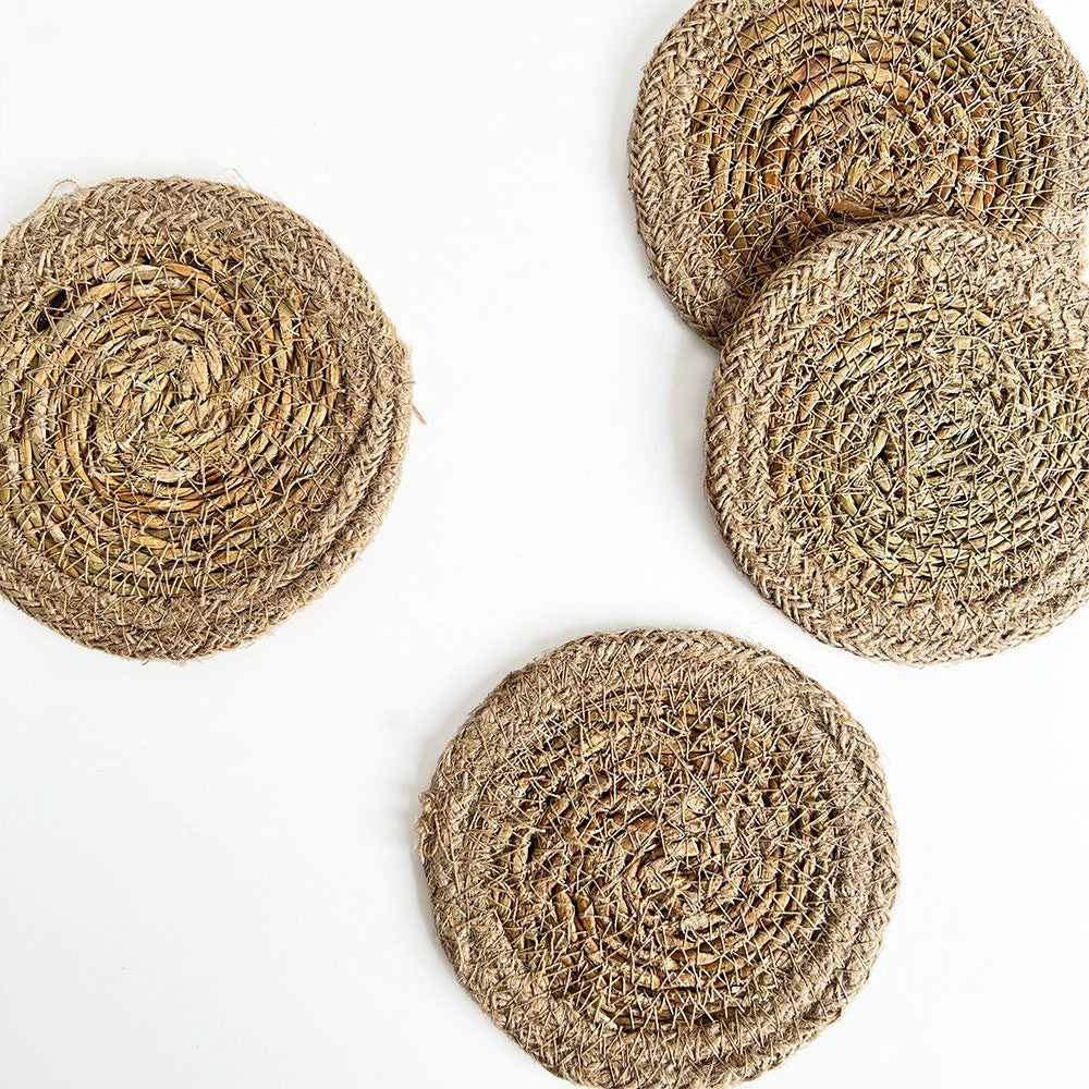 Linens & More seagrass and jute round coaster set, a stack of four in natural brown