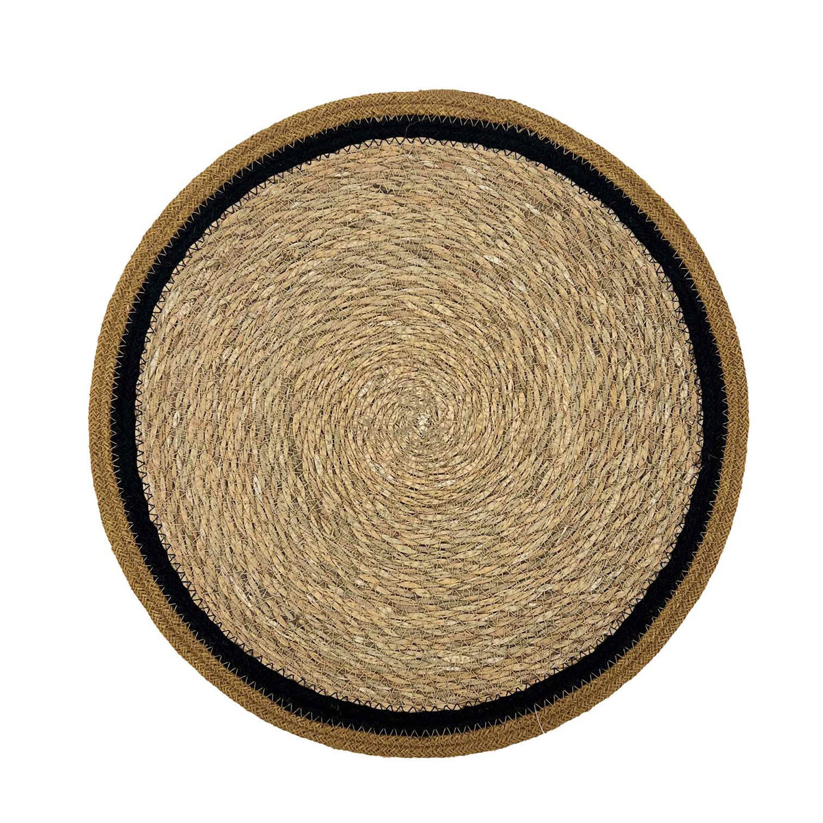 Linens & More round seagrass and jute placemat in natural tan with a black band near the edge