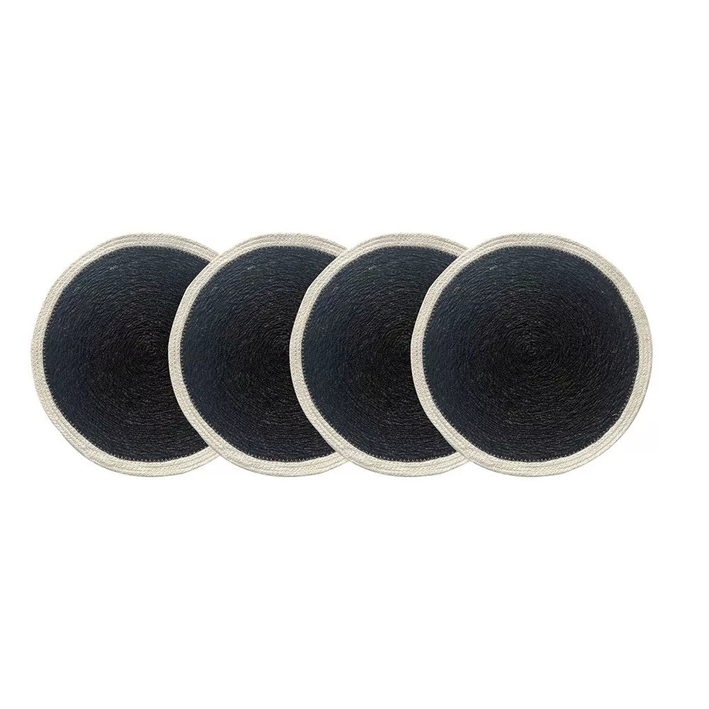 Linens & More seagrass and jute round coaster set in black with a cream border, a stack of four