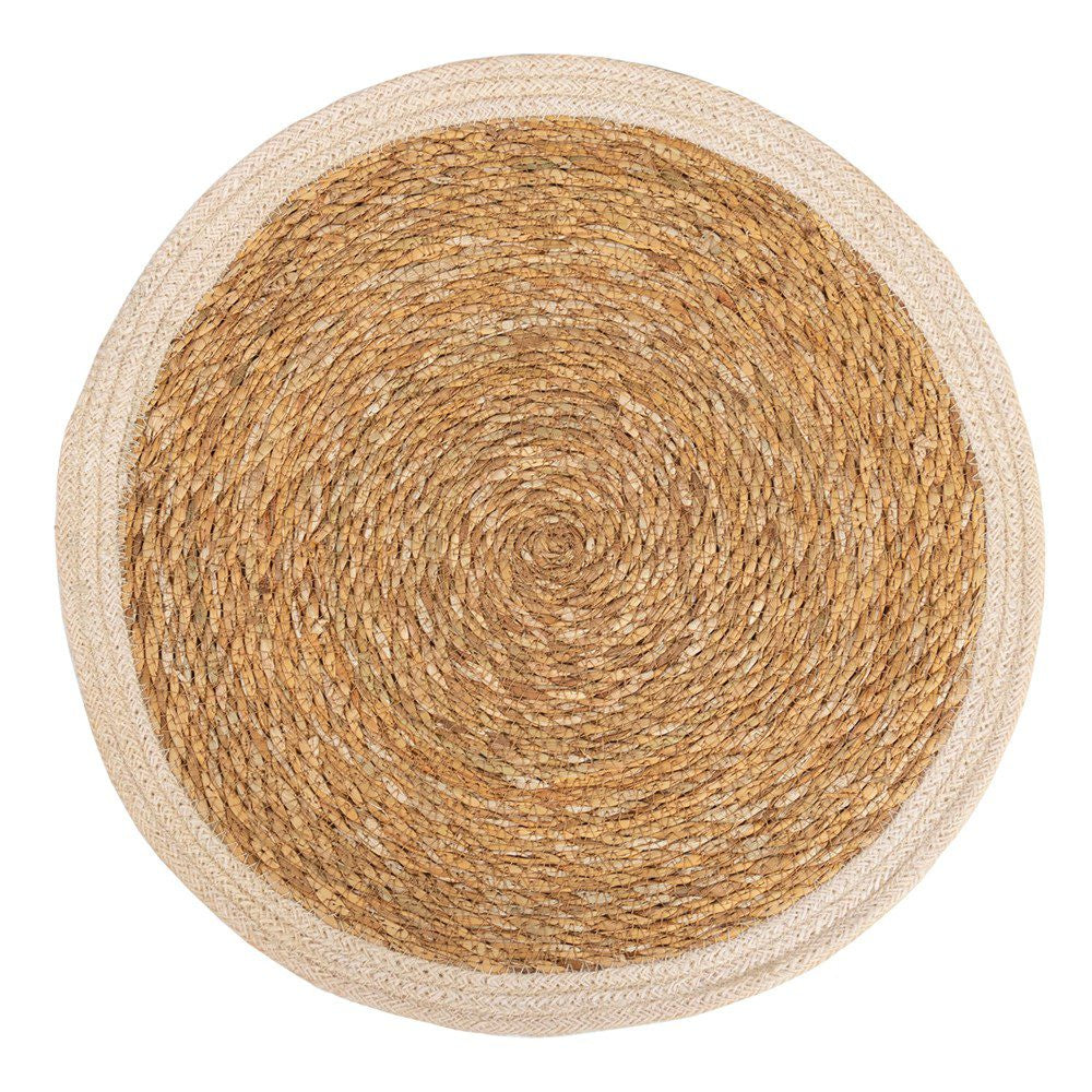 Linens & More seagrass and jute round placemat in natural tan with a cream edge