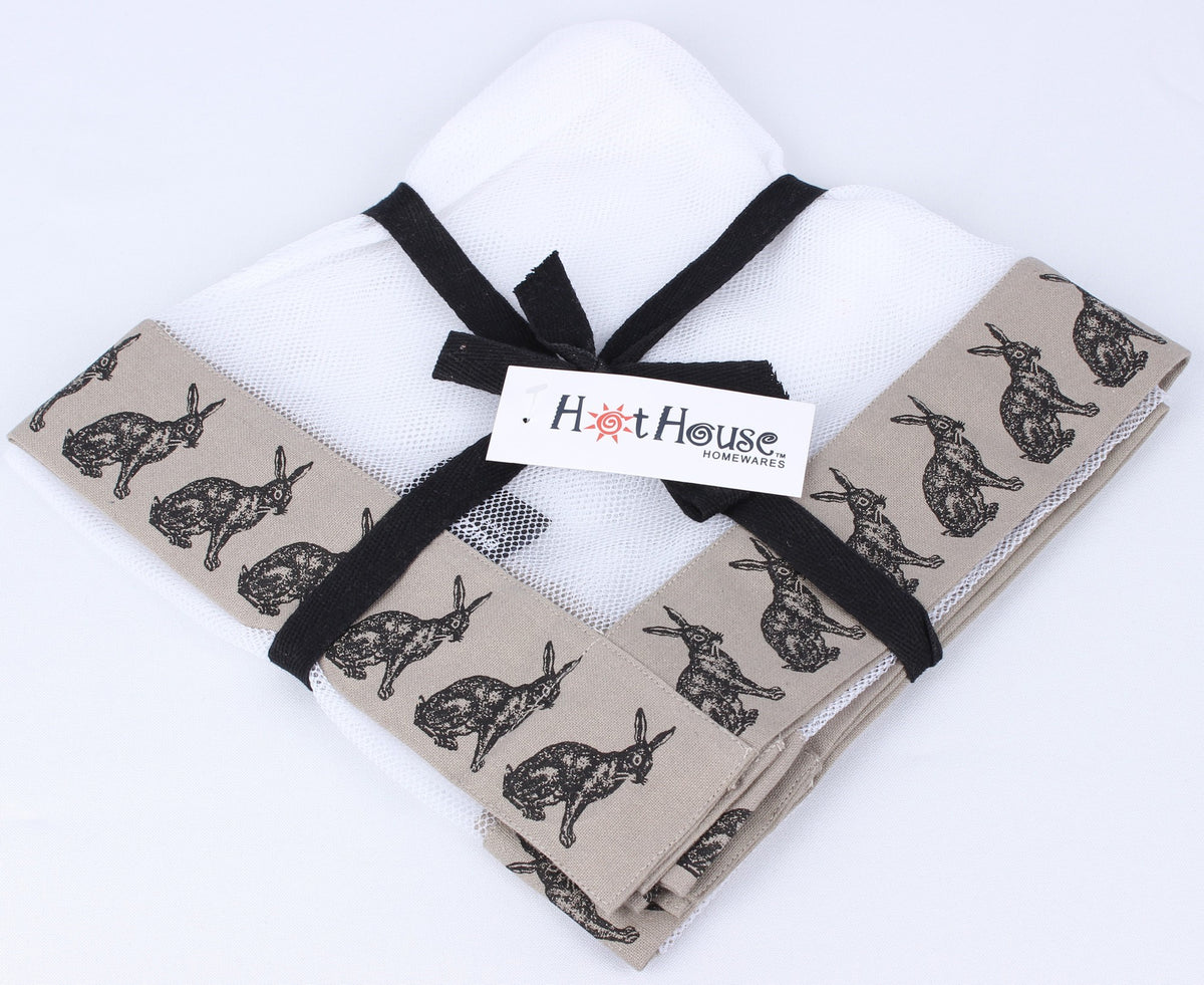 HotHouse Hare food cover, folded mesh with a rabbit silhouette print, tied with ribbon