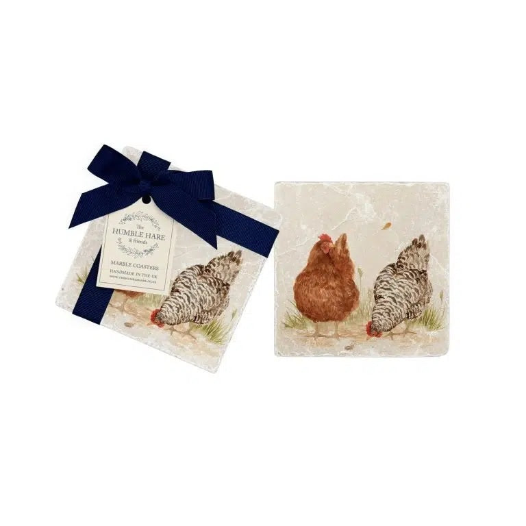The Humble Hare Farmhouse Hens coasters, two stone coasters with hens, tied with a navy ribbon