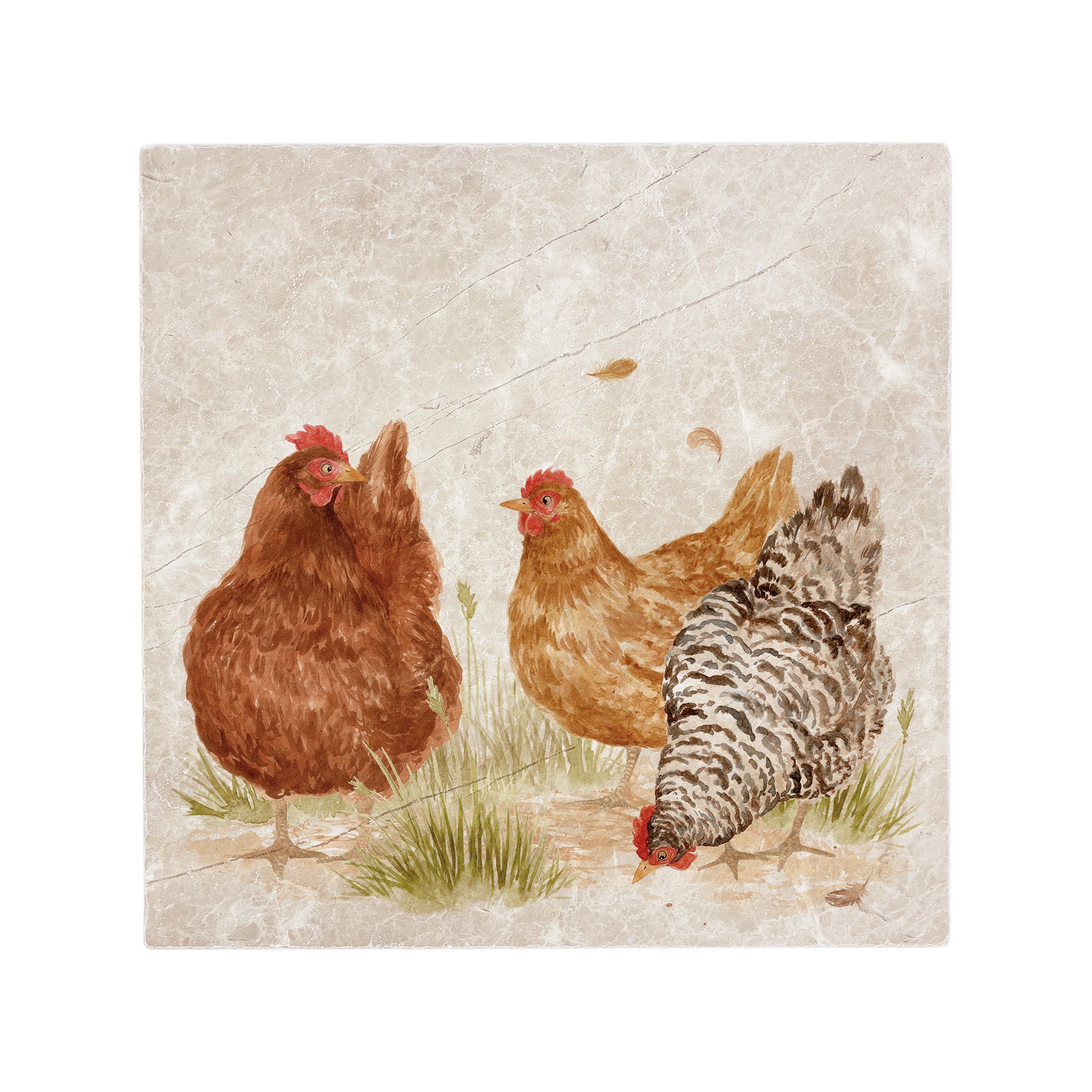 The Humble Hare Farmhouse Hens large platter, a square stone tile printed with three hens