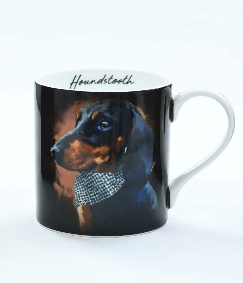 MM Linen Houndstooth mug with a portrait of a dachshund in a bow tie