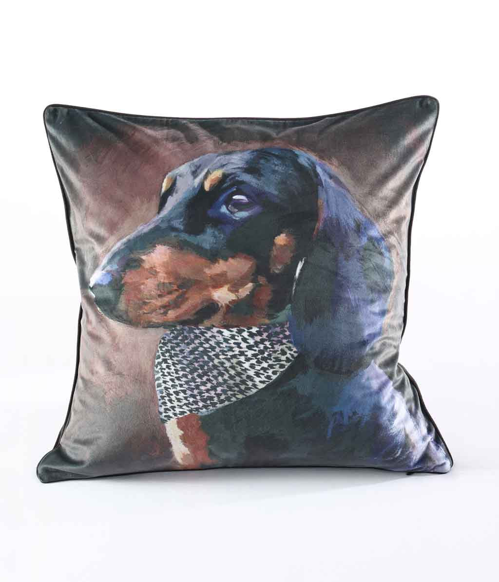 MM Linen PawTraits Houndstooth cushion with a portrait of a dachshund in a check scarf on velvet