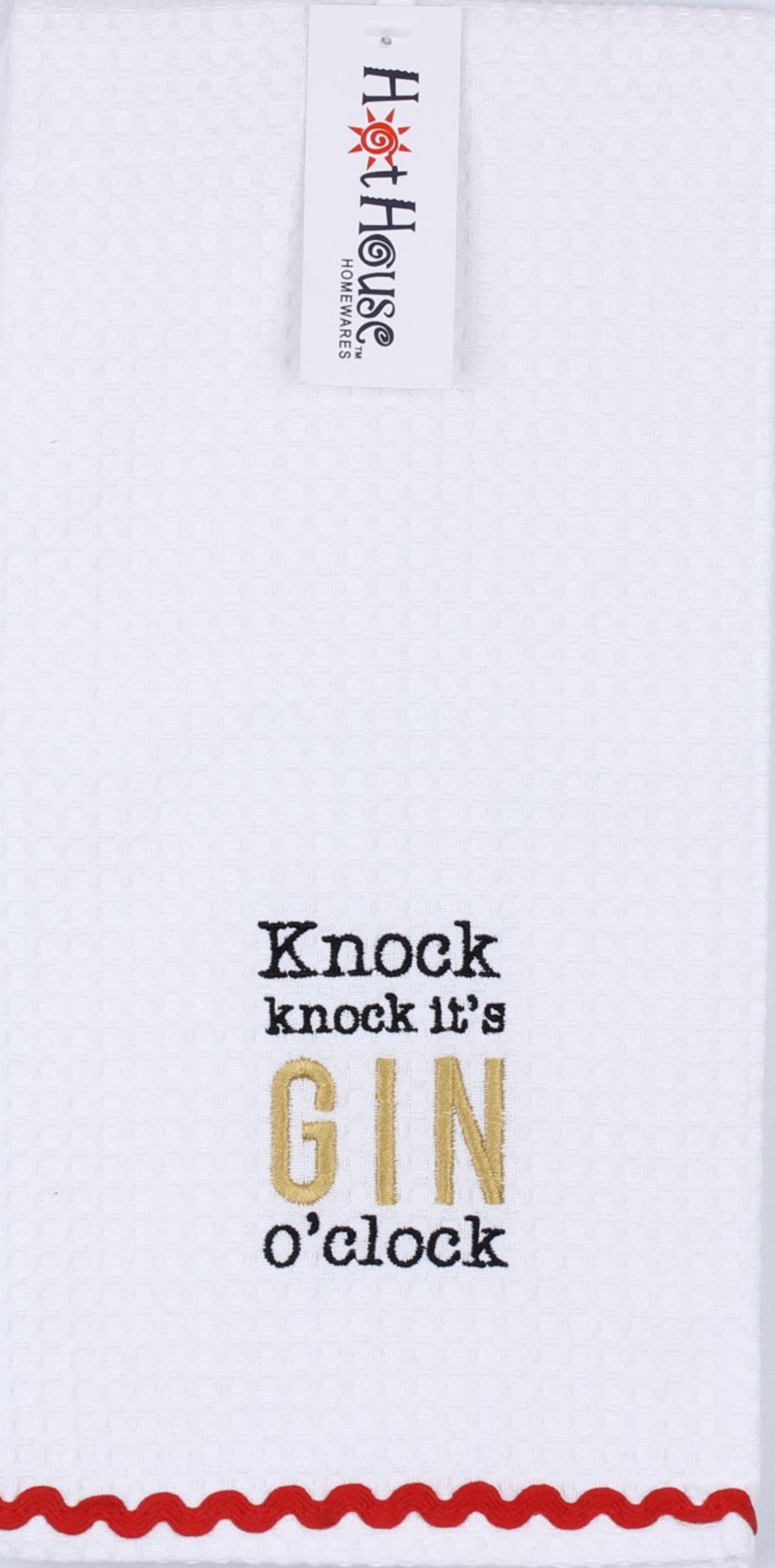 HotHouse waffle tea towel embroidered with the words Knock knock it's GIN o'clock and a red trim