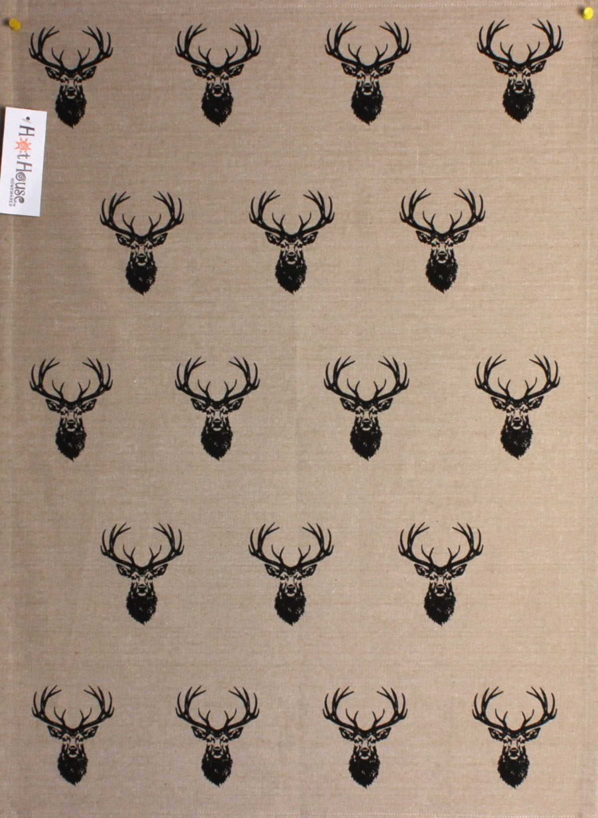 HotHouse small print linen tea towel with a repeating pattern of black stag heads