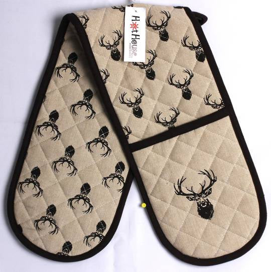 HotHouse double mitt in natural linen with quilted black stag head prints and black binding