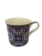 Heritage Princess mug in bone china with a Venetian Blue geometric pattern in navy and white