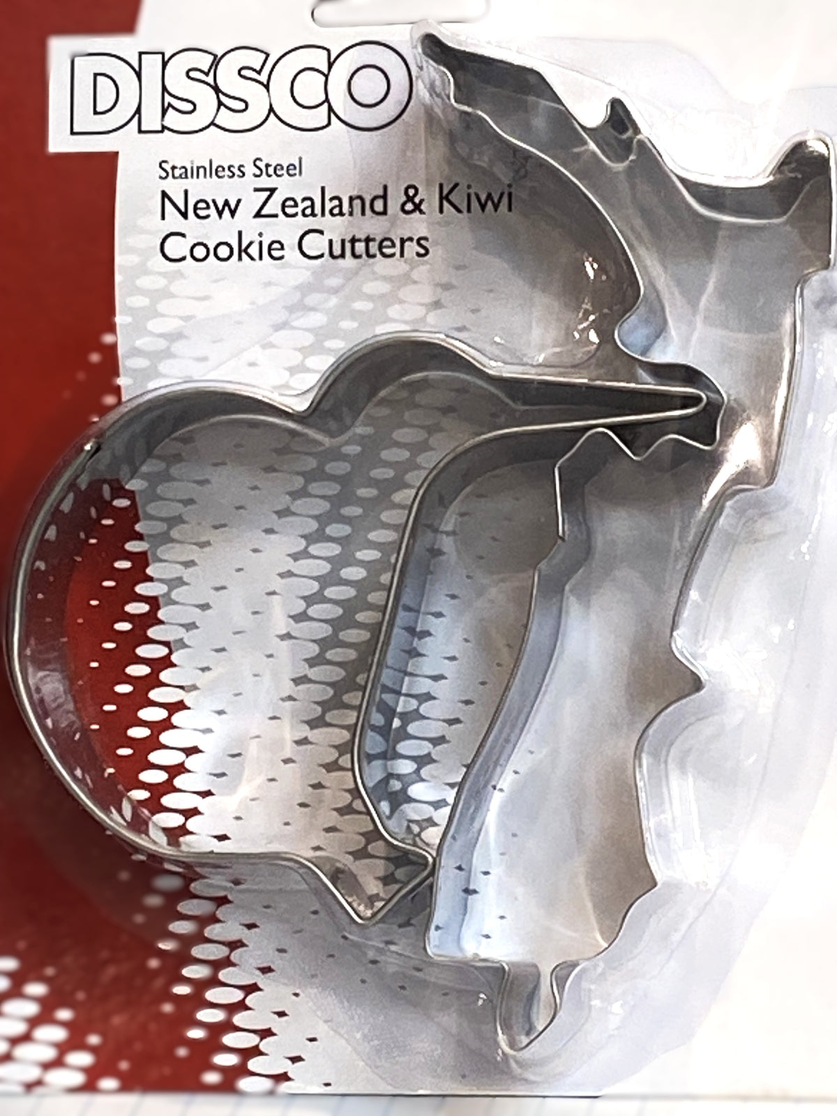 DISSCO New Zealand and Kiwi cookie cutters in stainless steel, shown on their retail card