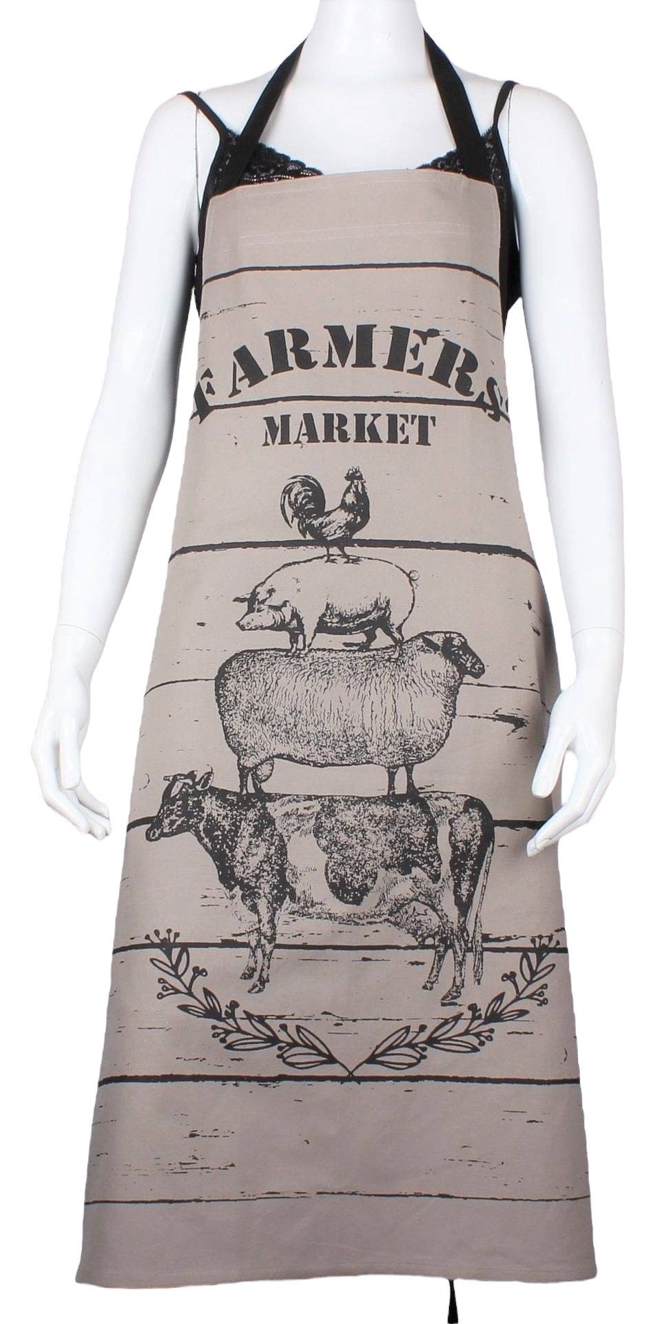 Hot House Farmers Market apron in beige with a print of a rooster, pig, sheep and cow, shown on a mannequin