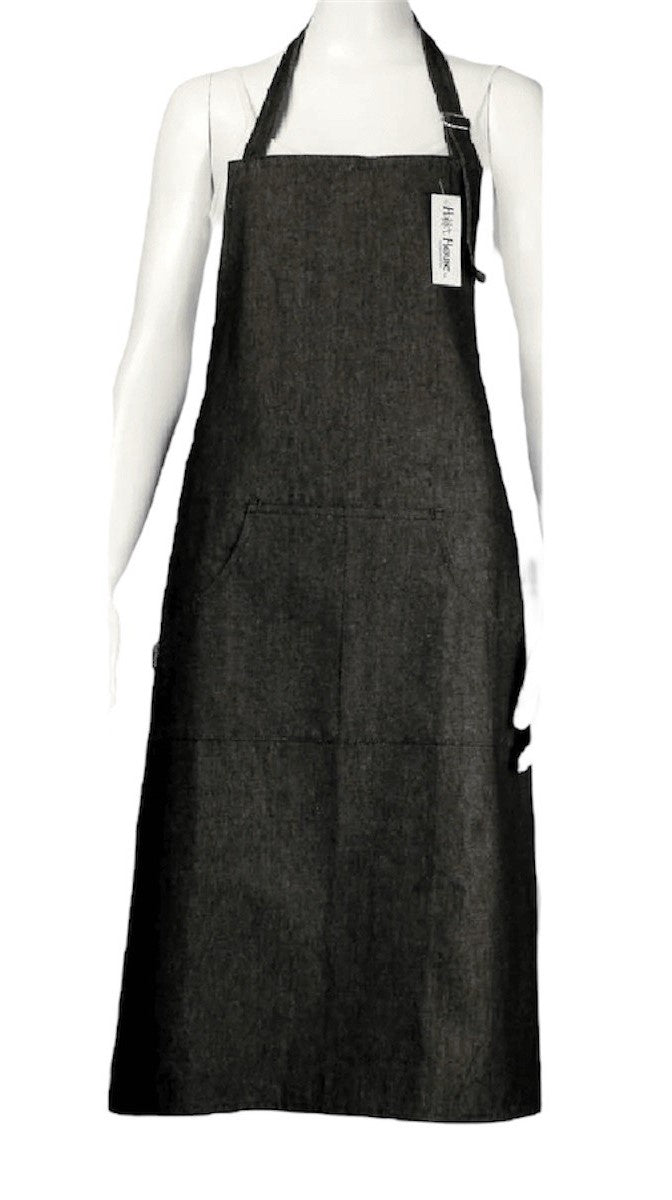HotHouse denim apron in black, shown on a mannequin