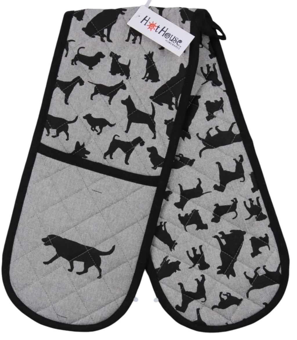 Hot House double mitt with a black and white pattern of cats and dogs