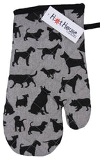 Hot House oven glove with a black silhouette pattern of dogs on grey