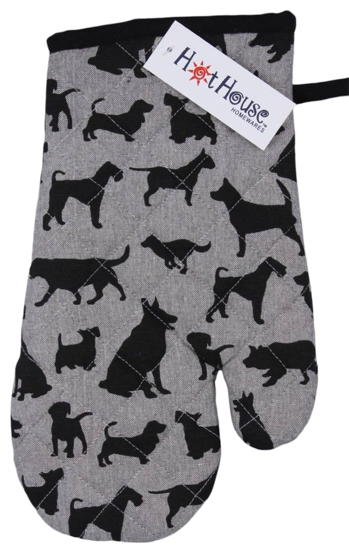 Hot House oven glove with a black silhouette pattern of dogs on grey