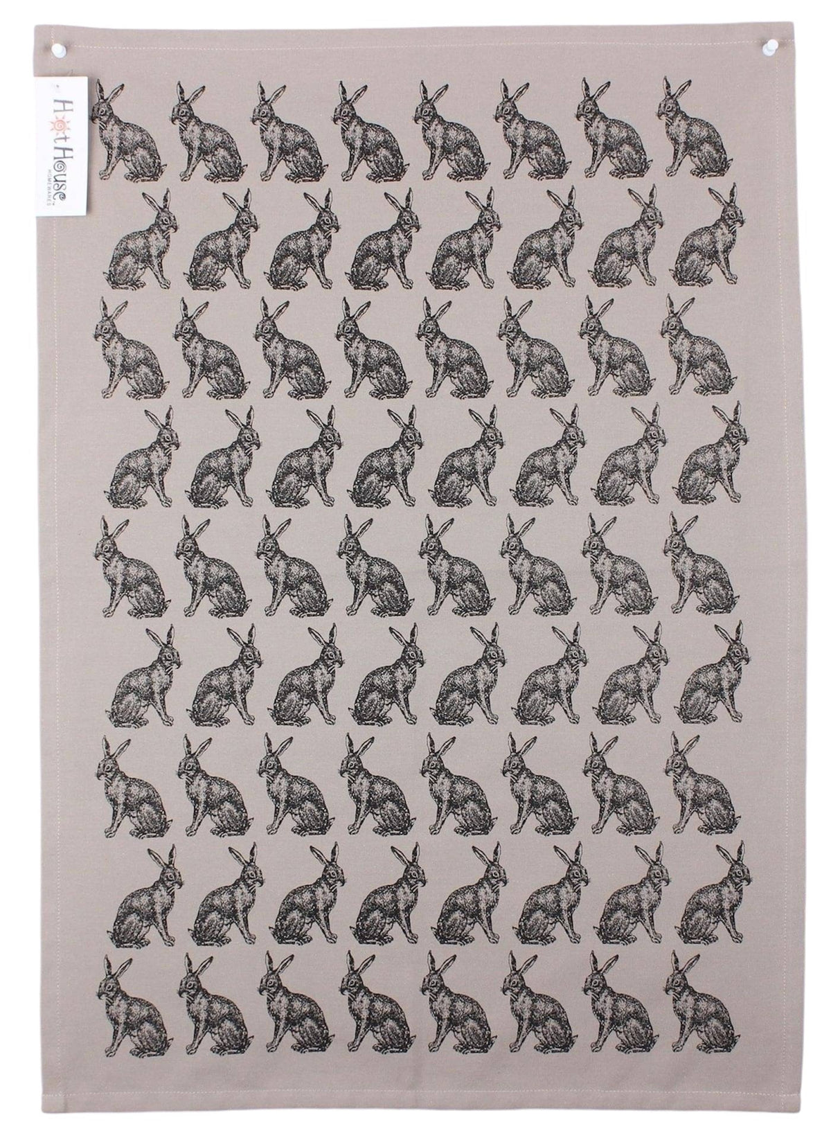 HotHouse Hare tea towel with a repeating grid of illustrated hares